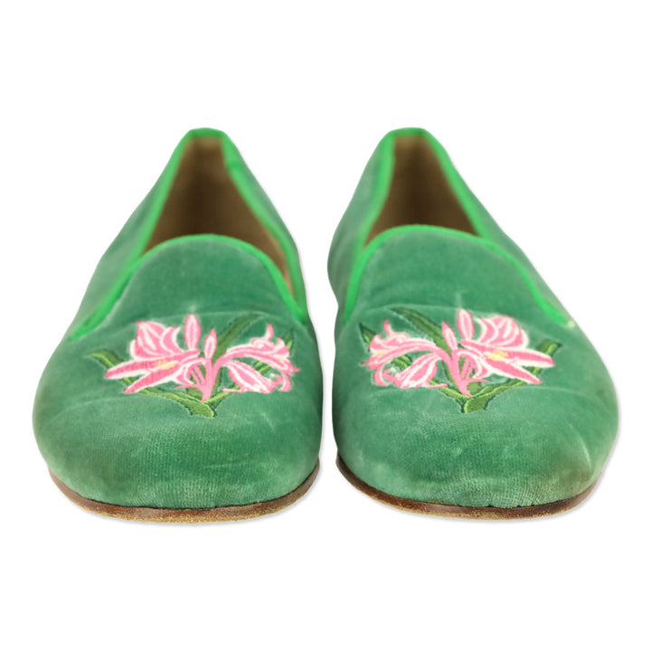 Stubbs & Wootton Green Velvet Flats with Pink Lily Embroidery