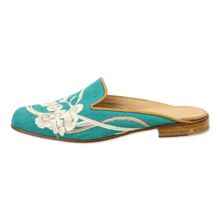 Stubbs & Wootton Teal Blue Floral Embroidered Canvas Mule