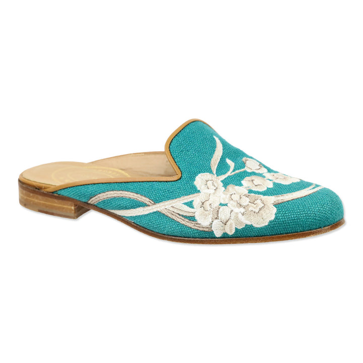Stubbs & Wootton Teal Blue Floral Embroidered Canvas Mule
