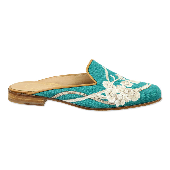 Stubbs & Wootton Teal Blue Floral Embroidered Canvas Mule