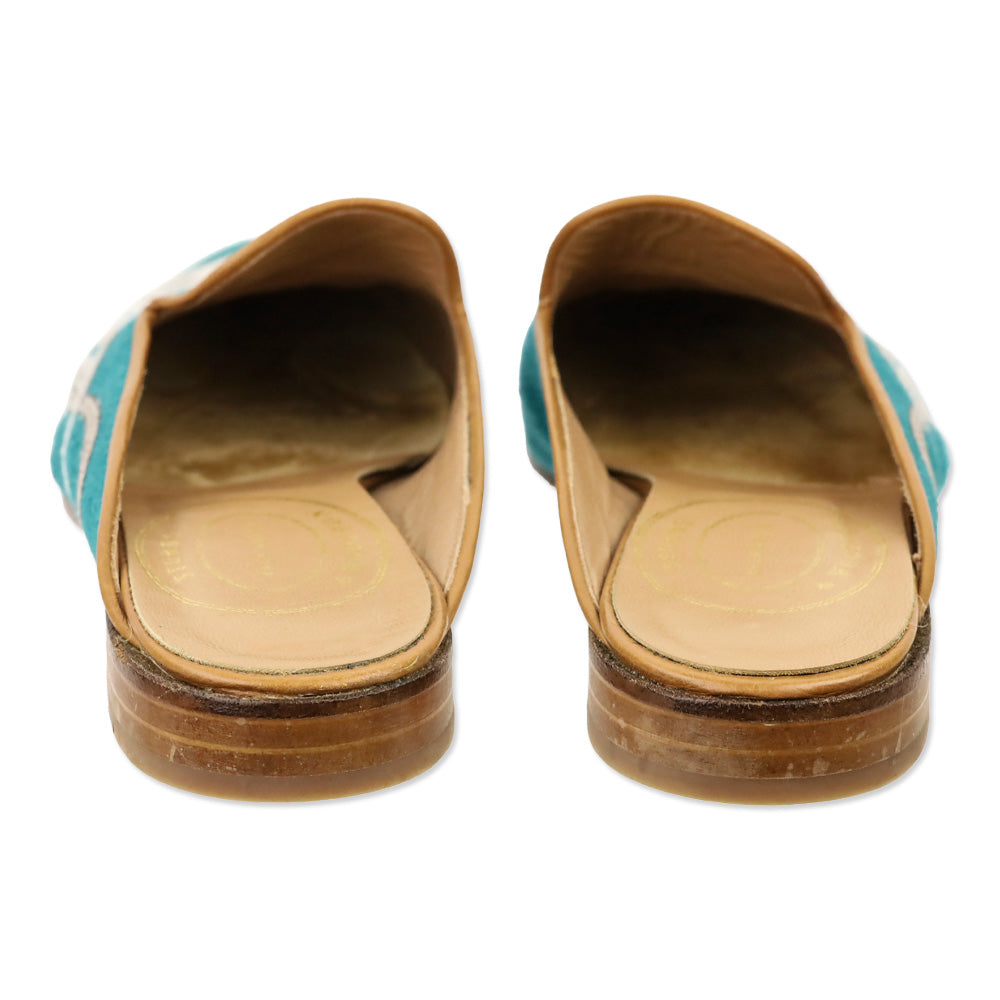 Stubbs & Wootton Teal Blue Floral Embroidered Canvas Mule