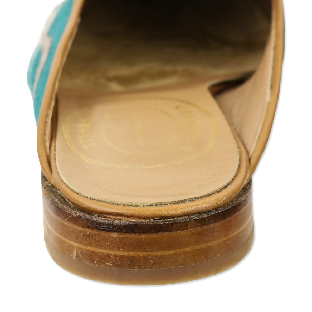 Stubbs & Wootton Teal Blue Floral Embroidered Canvas Mule