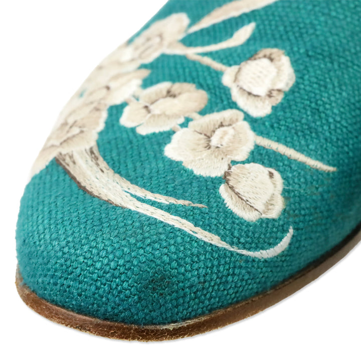 Stubbs & Wootton Teal Blue Floral Embroidered Canvas Mule