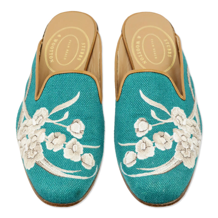 Stubbs & Wootton Teal Blue Floral Embroidered Canvas Mule