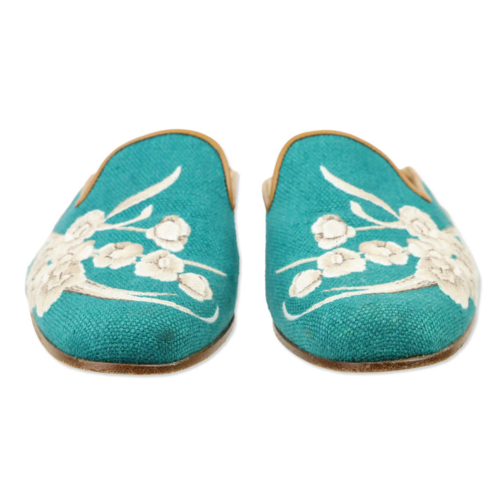 Stubbs & Wootton Teal Blue Floral Embroidered Canvas Mule
