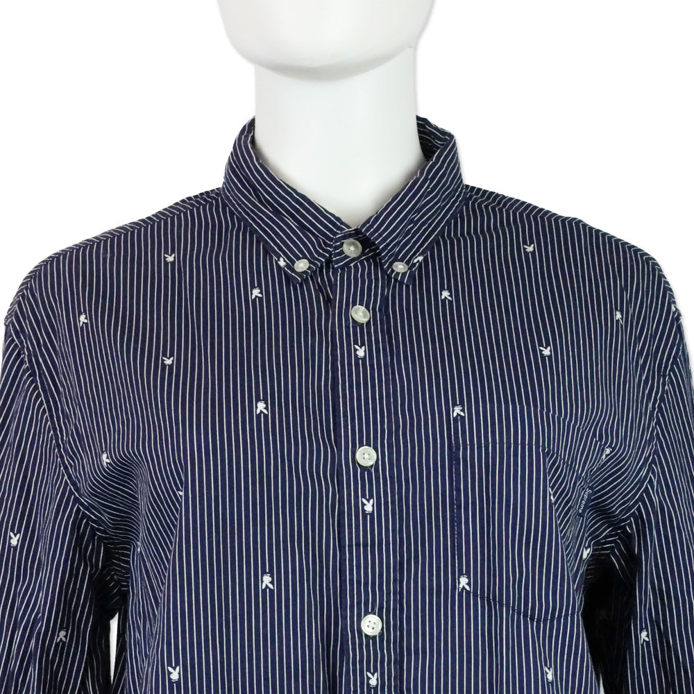 Supreme Playboy Bunny Navy Blue White Striped Cotton Button Down
