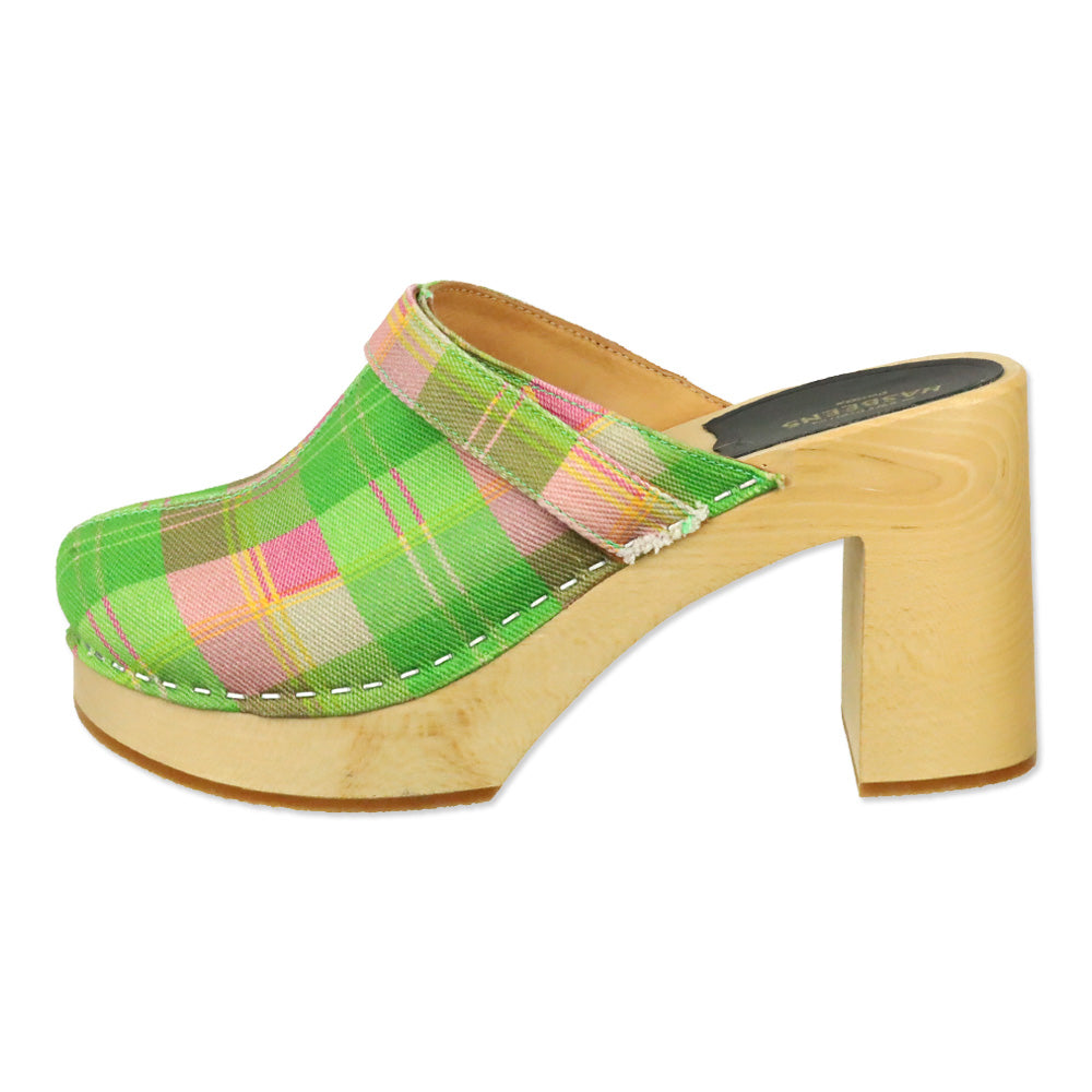Swedish Hasbeens Green/Pink Plaid Canvas Mule Clog