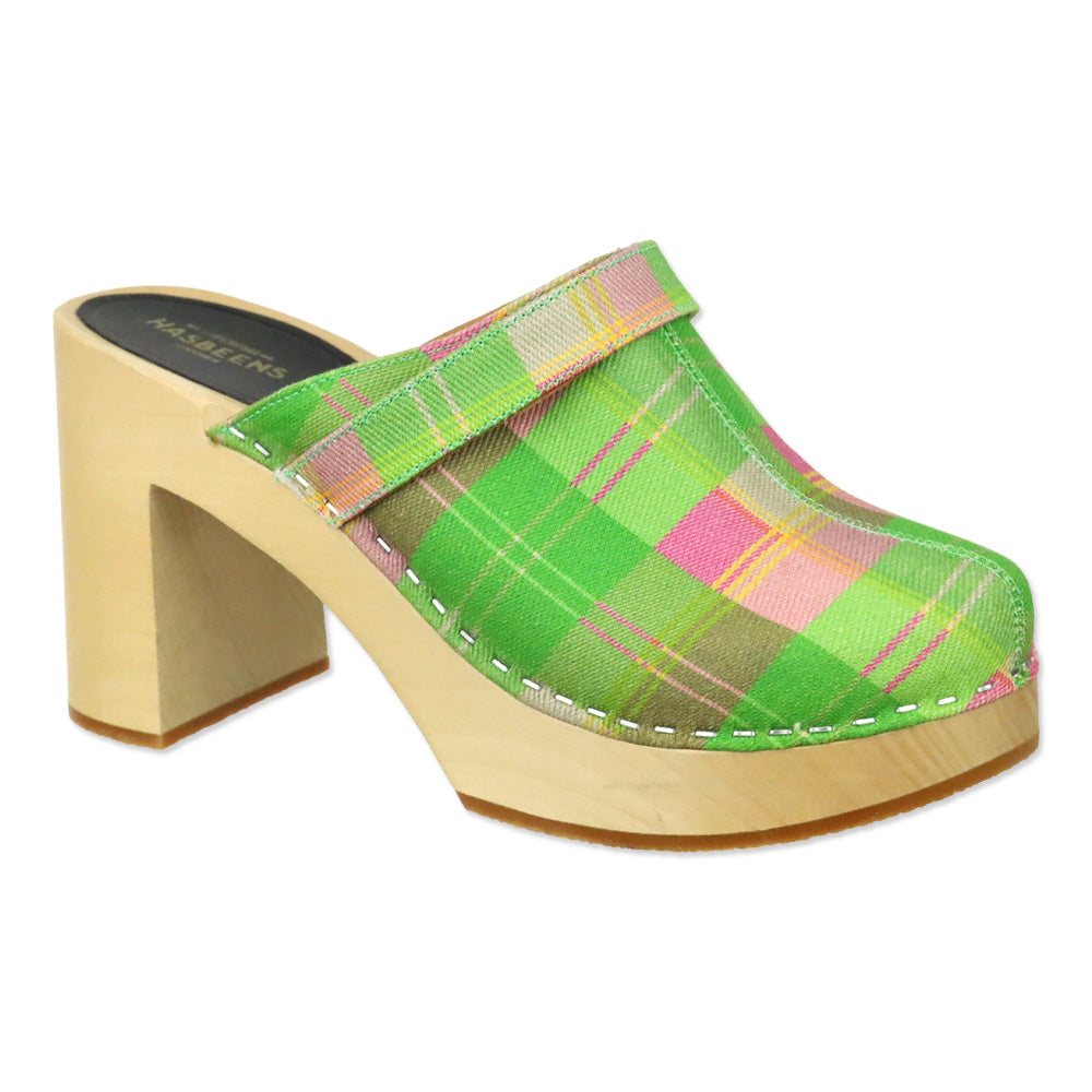 Swedish Hasbeens Green/Pink Plaid Canvas Mule Clog