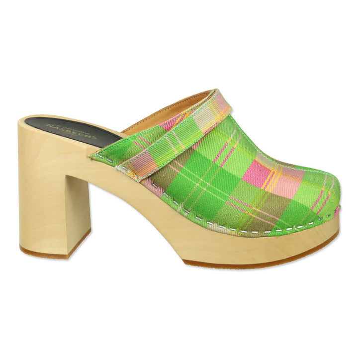 Swedish Hasbeens Green/Pink Plaid Canvas Mule Clog