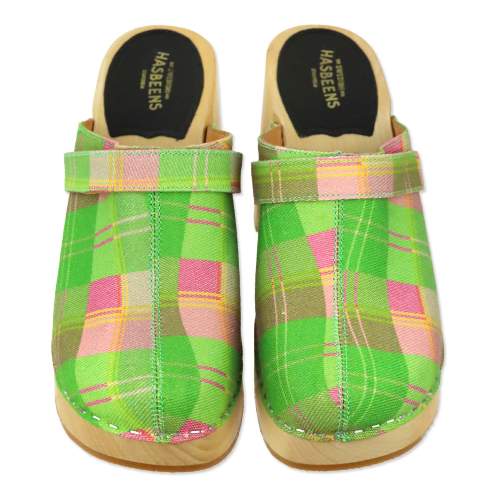 Swedish Hasbeens Green/Pink Plaid Canvas Mule Clog
