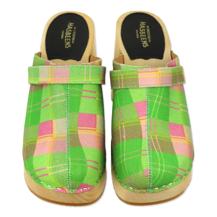 Swedish Hasbeens Green/Pink Plaid Canvas Mule Clog
