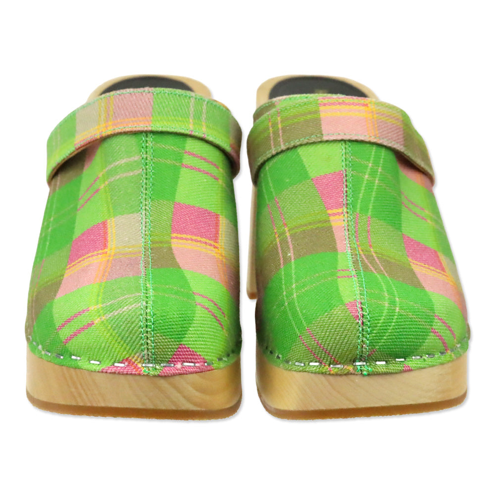 Swedish Hasbeens Green/Pink Plaid Canvas Mule Clog