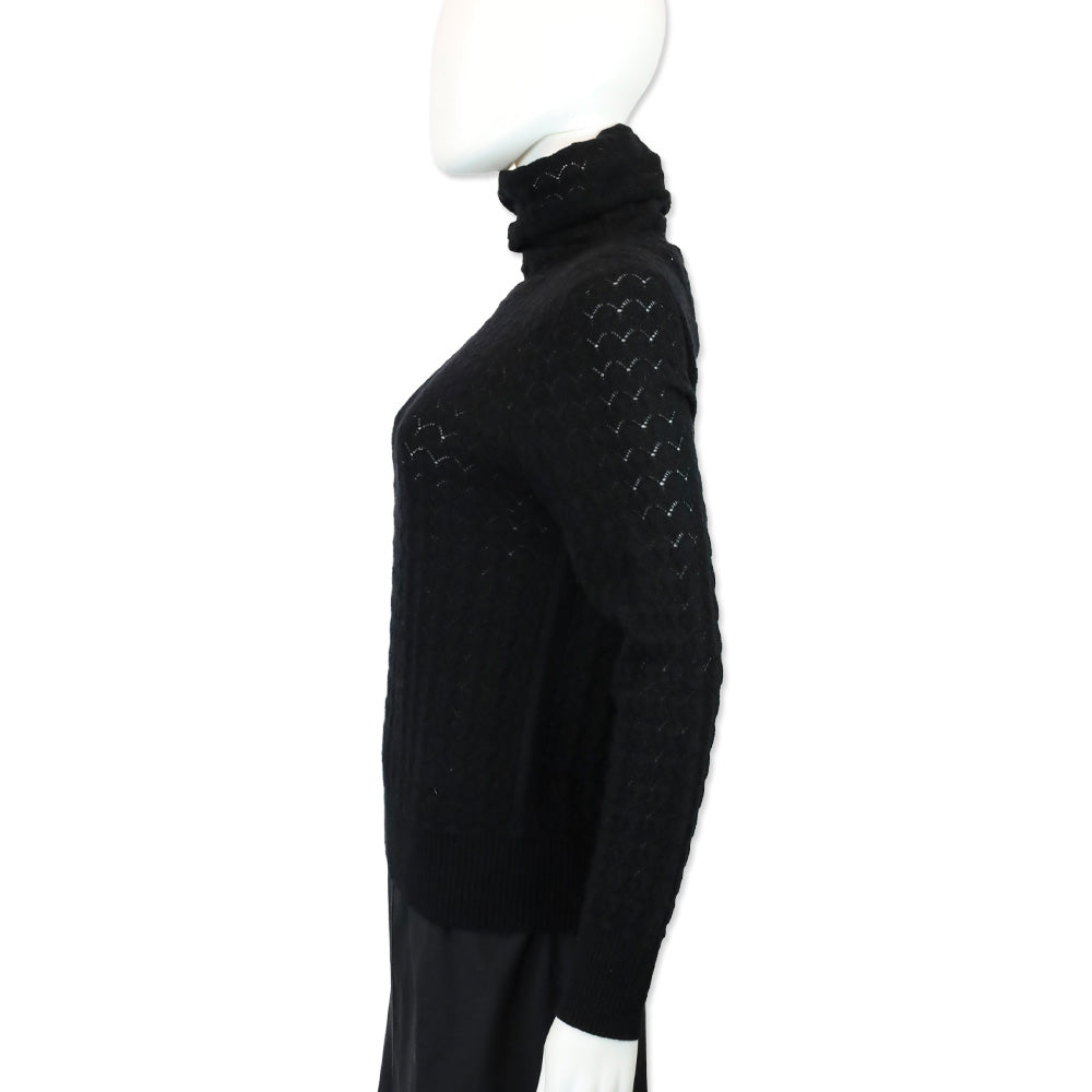 TSE Black Cashmere Pointelle Knit L/S Funnel Neck Sweater