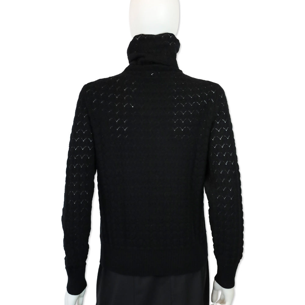 TSE Black Cashmere Pointelle Knit L/S Funnel Neck Sweater