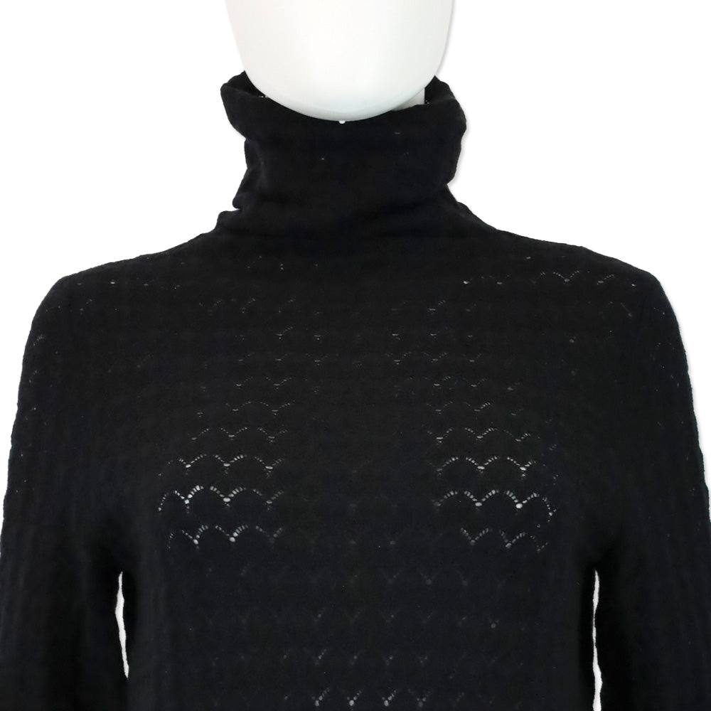 TSE Black Cashmere Pointelle Knit L/S Funnel Neck Sweater