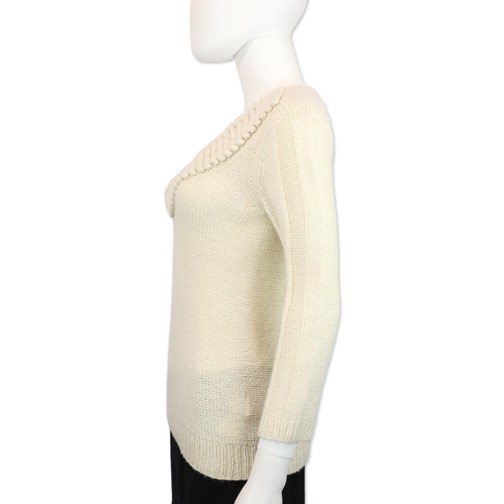 TSE Cream Cashmere Knit Pom Pom V-Neck Sweater