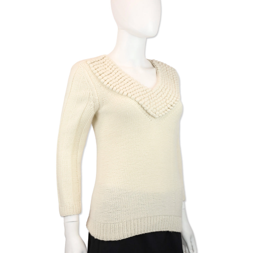TSE Cream Cashmere Knit Pom Pom V-Neck Sweater