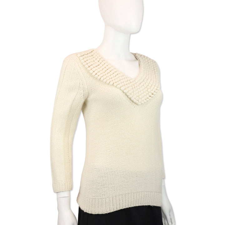 TSE Cream Cashmere Knit Pom Pom V-Neck Sweater
