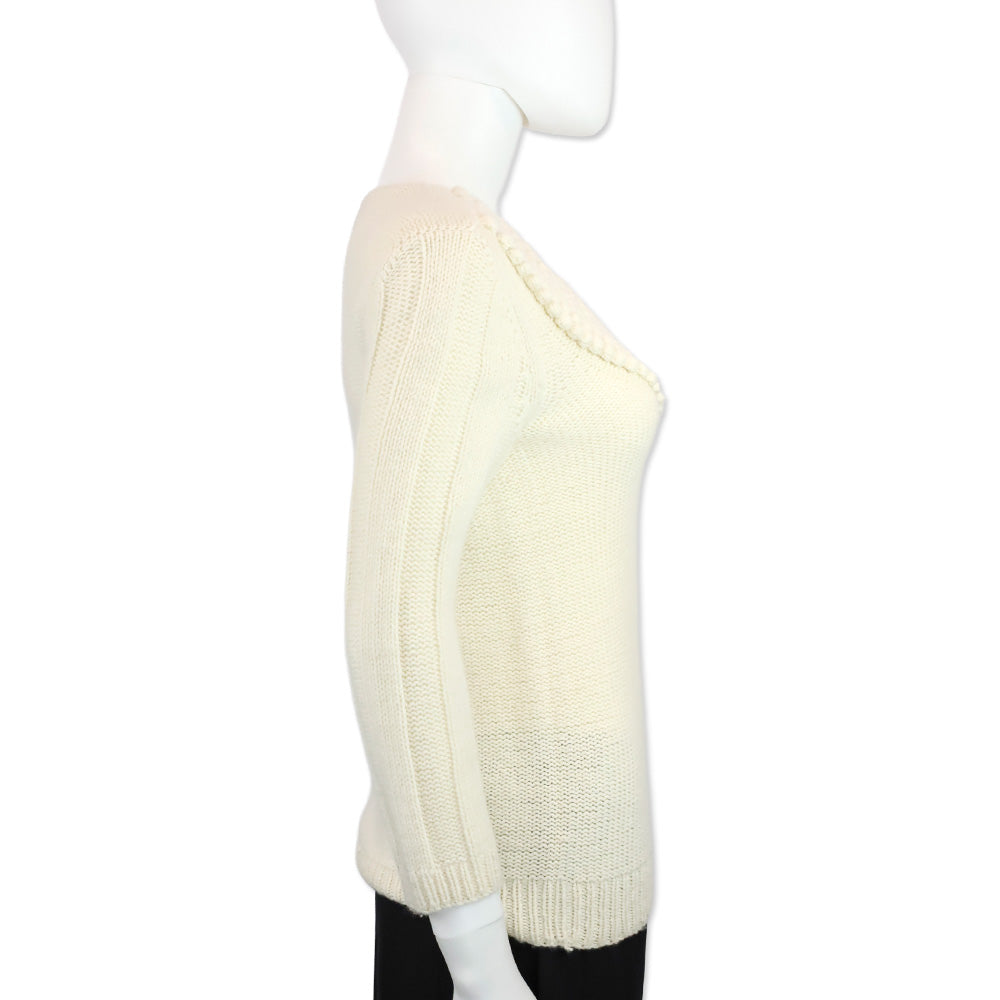 TSE Cream Cashmere Knit Pom Pom V-Neck Sweater