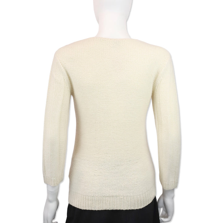 TSE Cream Cashmere Knit Pom Pom V-Neck Sweater