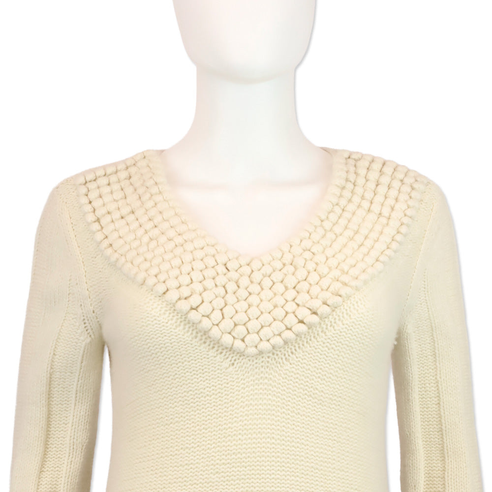 TSE Cream Cashmere Knit Pom Pom V-Neck Sweater