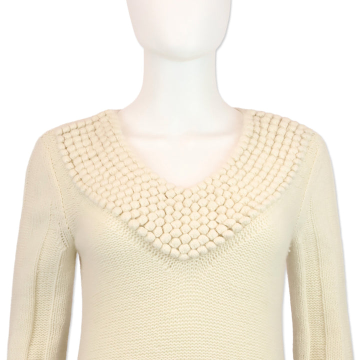 TSE Cream Cashmere Knit Pom Pom V-Neck Sweater