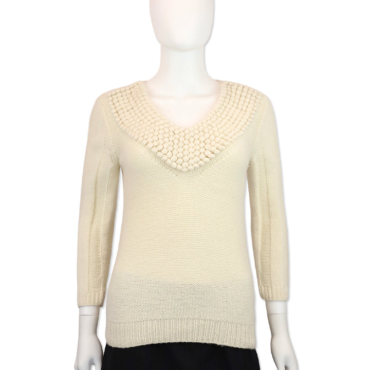 TSE Cream Cashmere Knit Pom Pom V-Neck Sweater