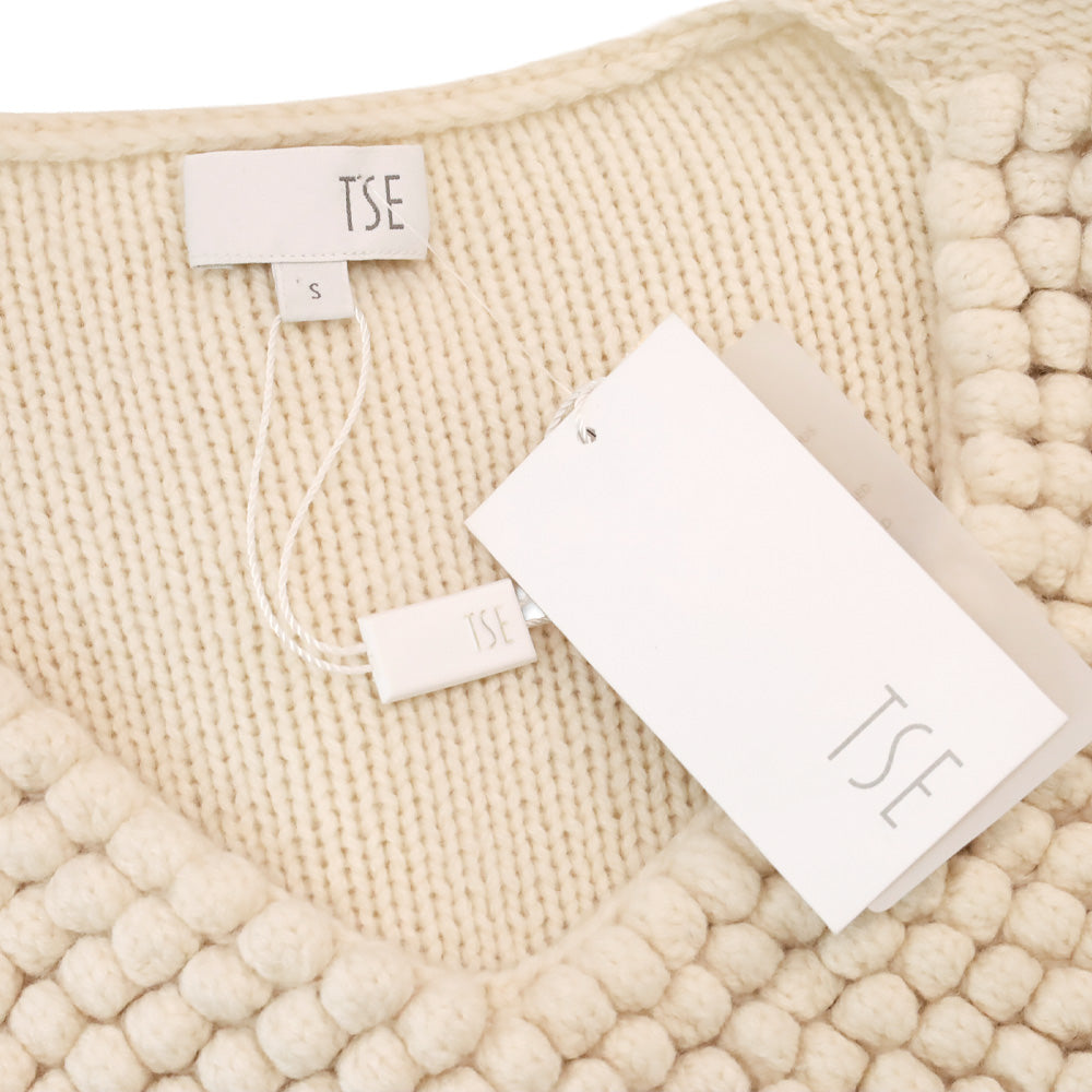 TSE Cream Cashmere Knit Pom Pom V-Neck Sweater