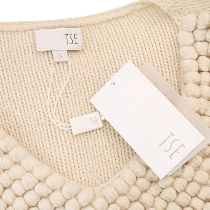 TSE Cream Cashmere Knit Pom Pom V-Neck Sweater