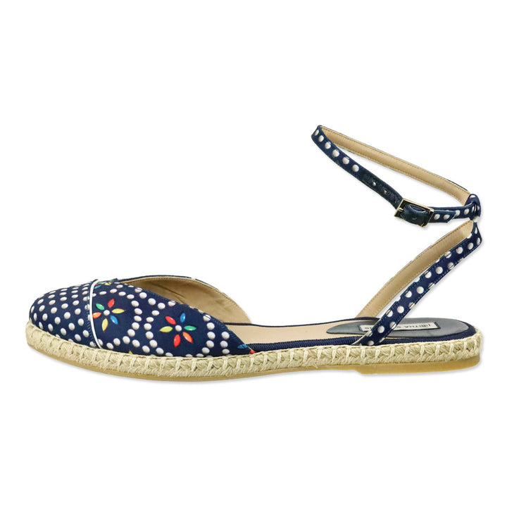 Tabitha Simmons Navy Polka Dot Silk Sebille Espadrille Flats