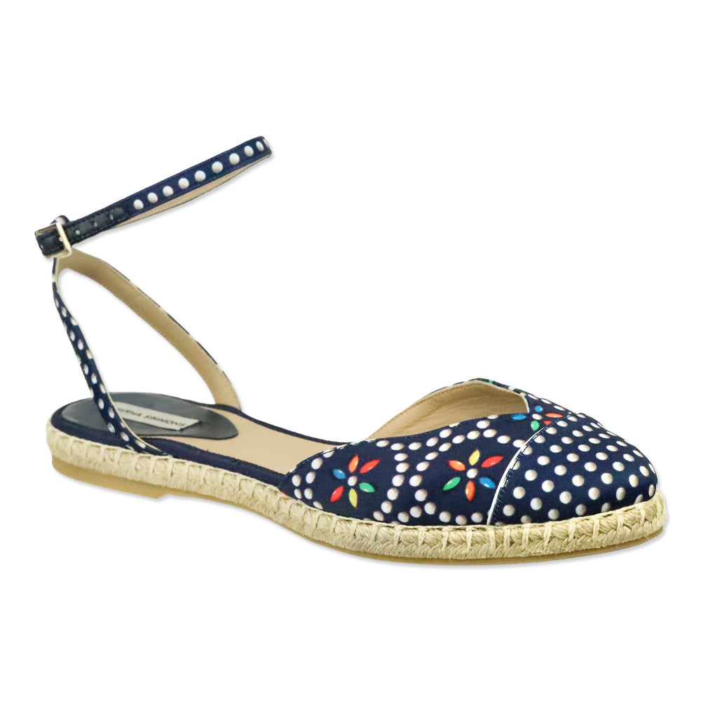 Tabitha Simmons Navy Polka Dot Silk Sebille Espadrille Flats