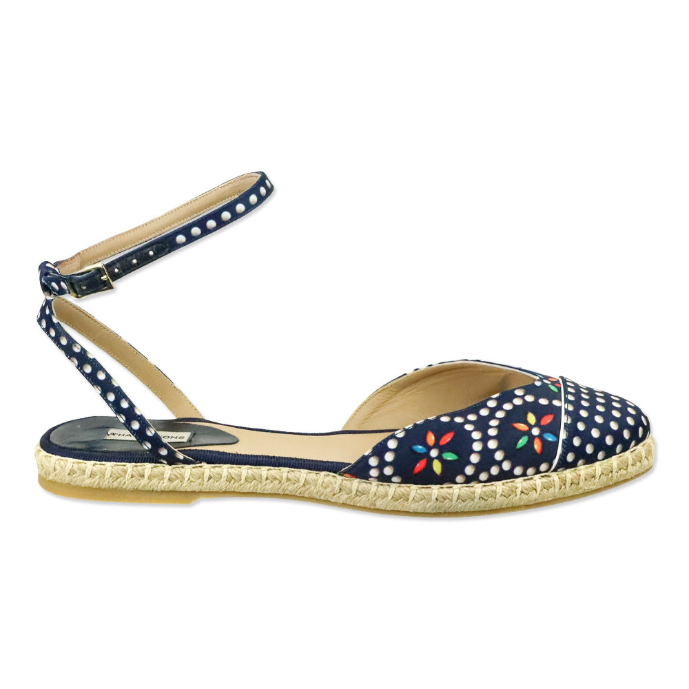 Tabitha Simmons Navy Polka Dot Silk Sebille Espadrille Flats