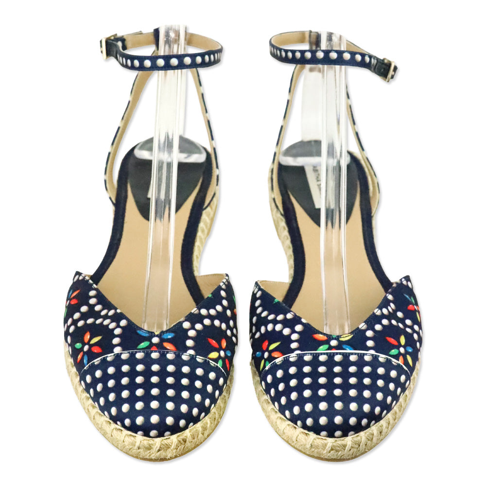 Tabitha Simmons Navy Polka Dot Silk Sebille Espadrille Flats