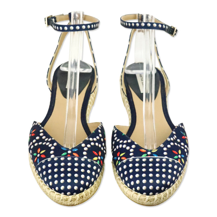 Tabitha Simmons Navy Polka Dot Silk Sebille Espadrille Flats