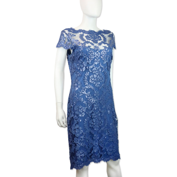 Tadashi Shoji Blue Illusion Embroidered Sequin Lace Cap Sleeve Dress