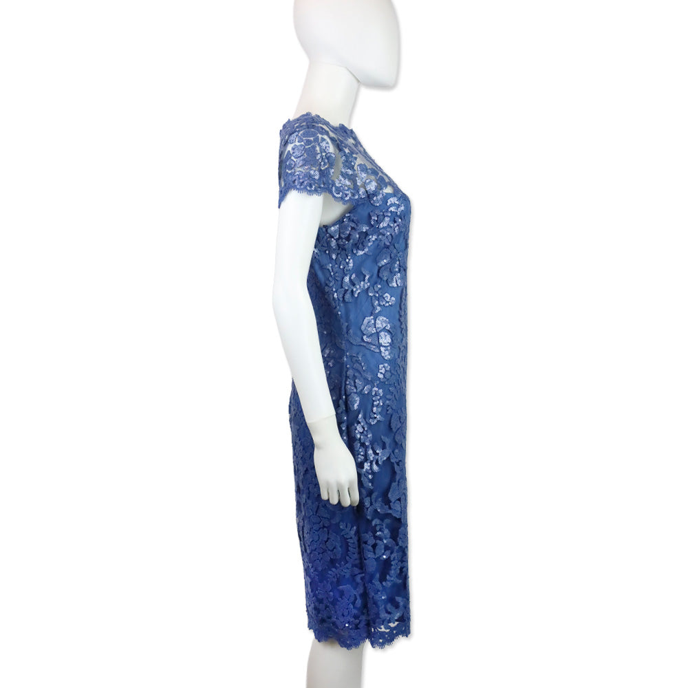 Tadashi Shoji Blue Illusion Embroidered Sequin Lace Cap Sleeve Dress
