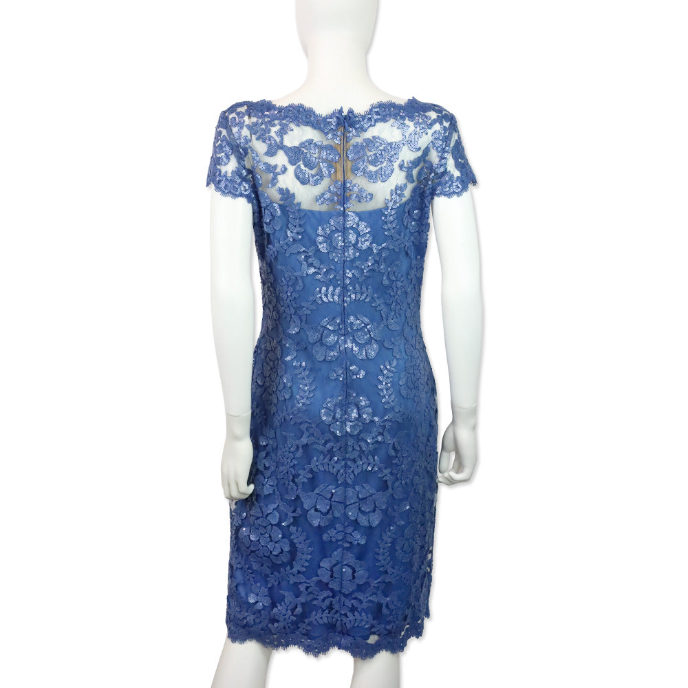 Tadashi Shoji Blue Illusion Embroidered Sequin Lace Cap Sleeve Dress