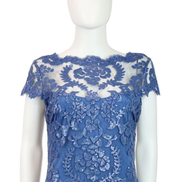 Tadashi Shoji Blue Illusion Embroidered Sequin Lace Cap Sleeve Dress