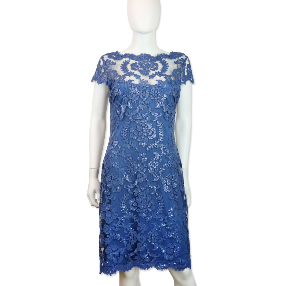Tadashi Shoji Blue Illusion Embroidered Sequin Lace Cap Sleeve Dress – DBLTKE