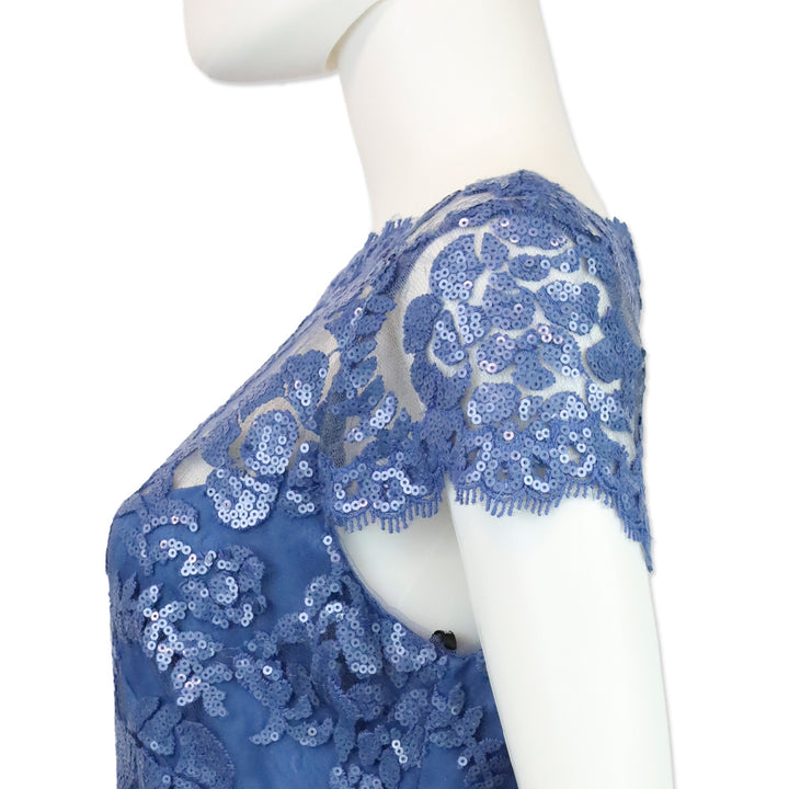 Tadashi Shoji Blue Illusion Embroidered Sequin Lace Cap Sleeve Dress