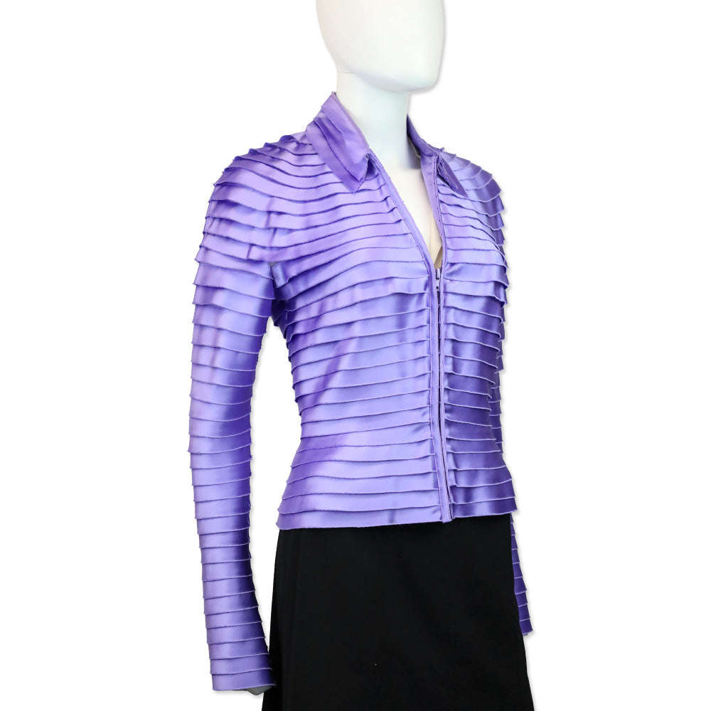 Tadashi Shoji Purple Satin Tiered Shutter Pleated Front Zip Jacket