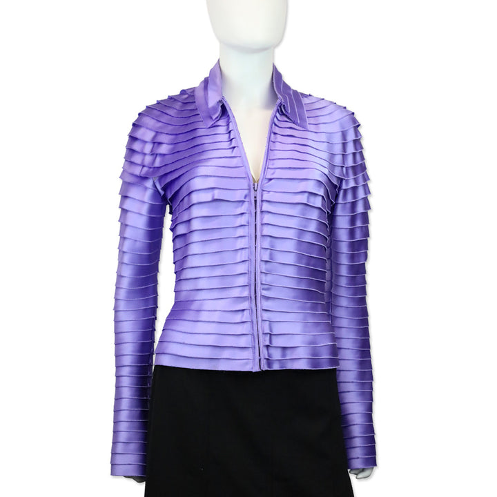 Tadashi Shoji Purple Satin Tiered Shutter Pleated Front Zip Jacket