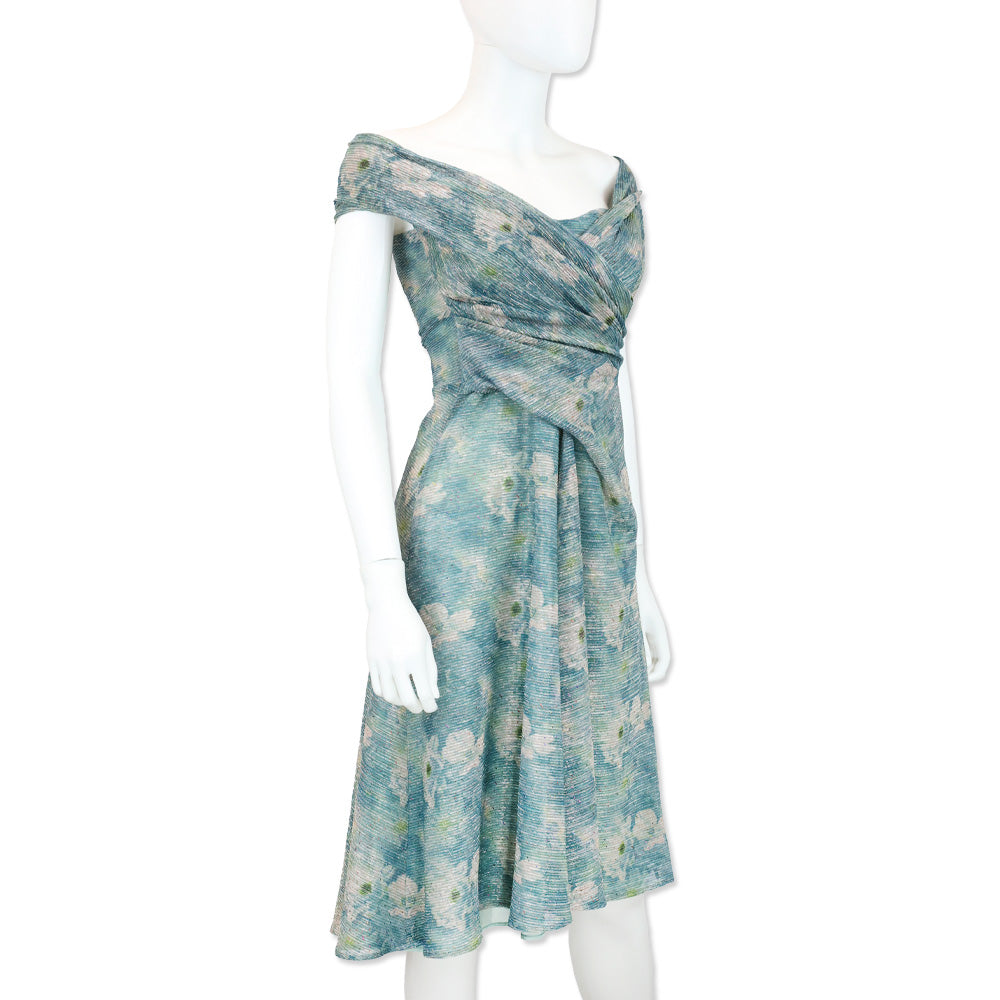 Talbot Runhof Iridescent Poppy-Print Draped Voile Sleeveless Dress
