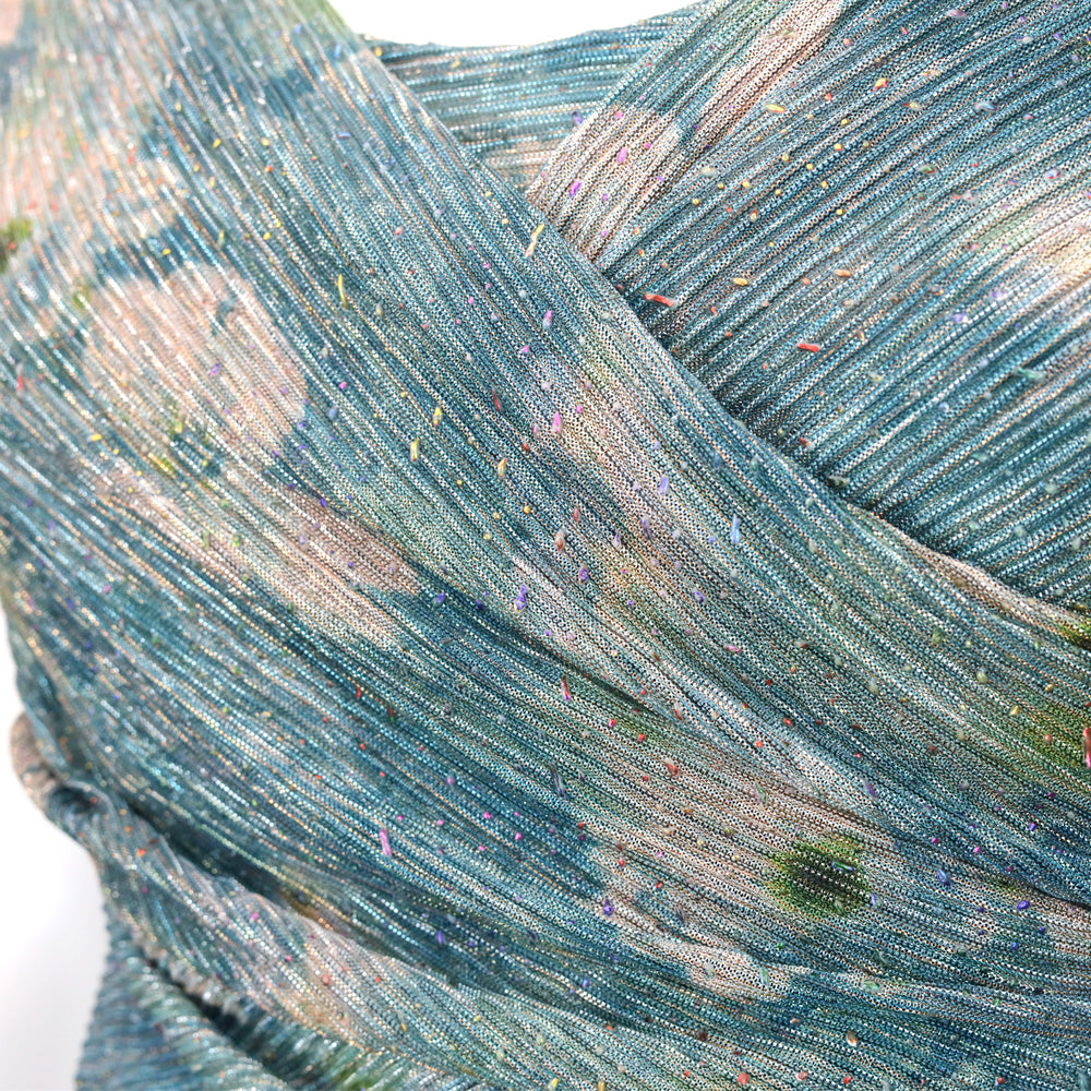 Talbot Runhof Iridescent Poppy-Print Draped Voile Sleeveless Dress