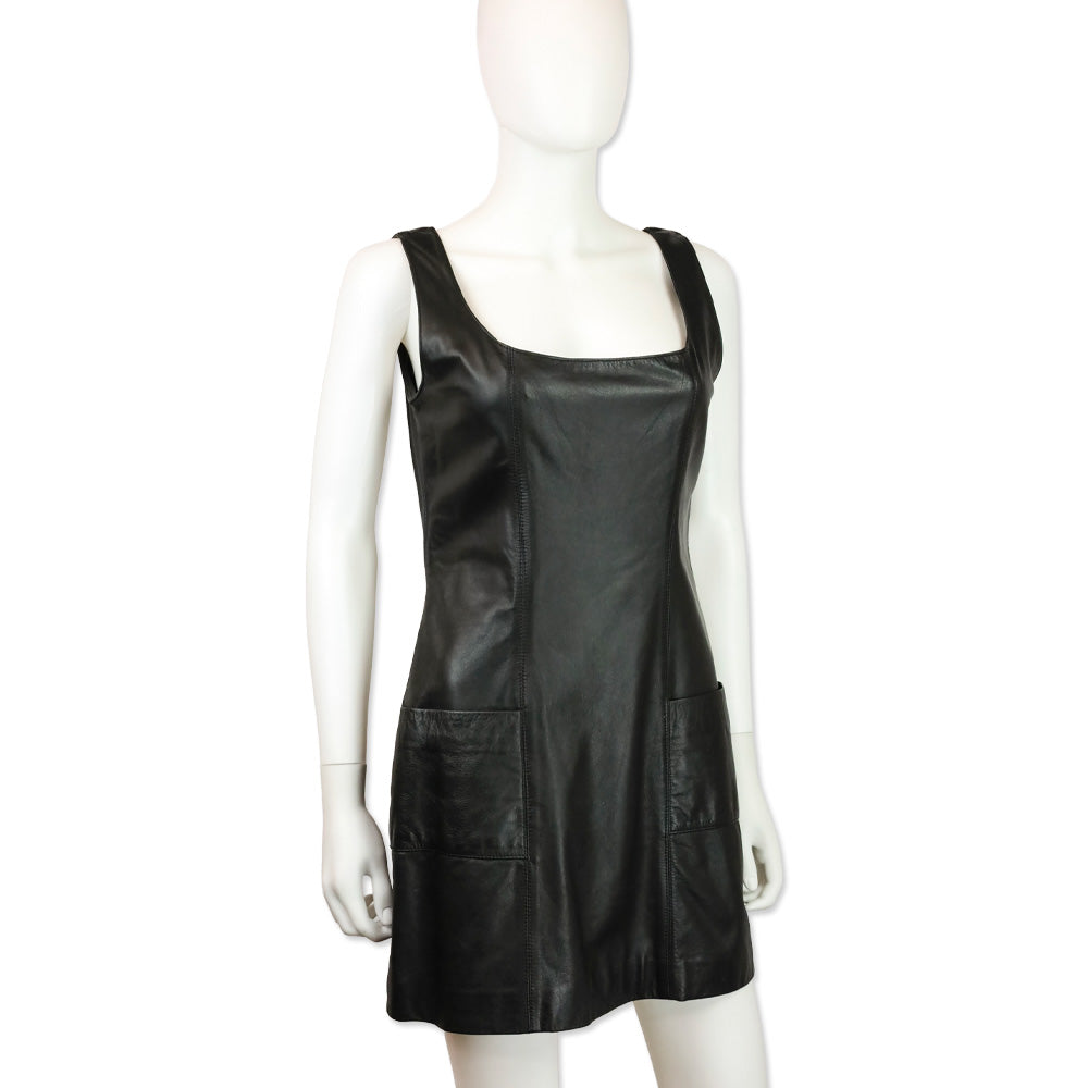 Tannery West Black Leather Sleeveless Pocket Mini Dress