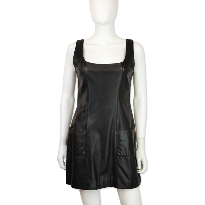 Tannery West Black Leather Sleeveless Pocket Mini Dress