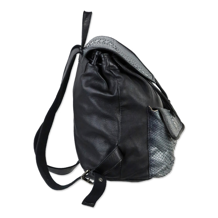 Tarryn Simone Black Smooth/Python Leather Drawstring Backpack