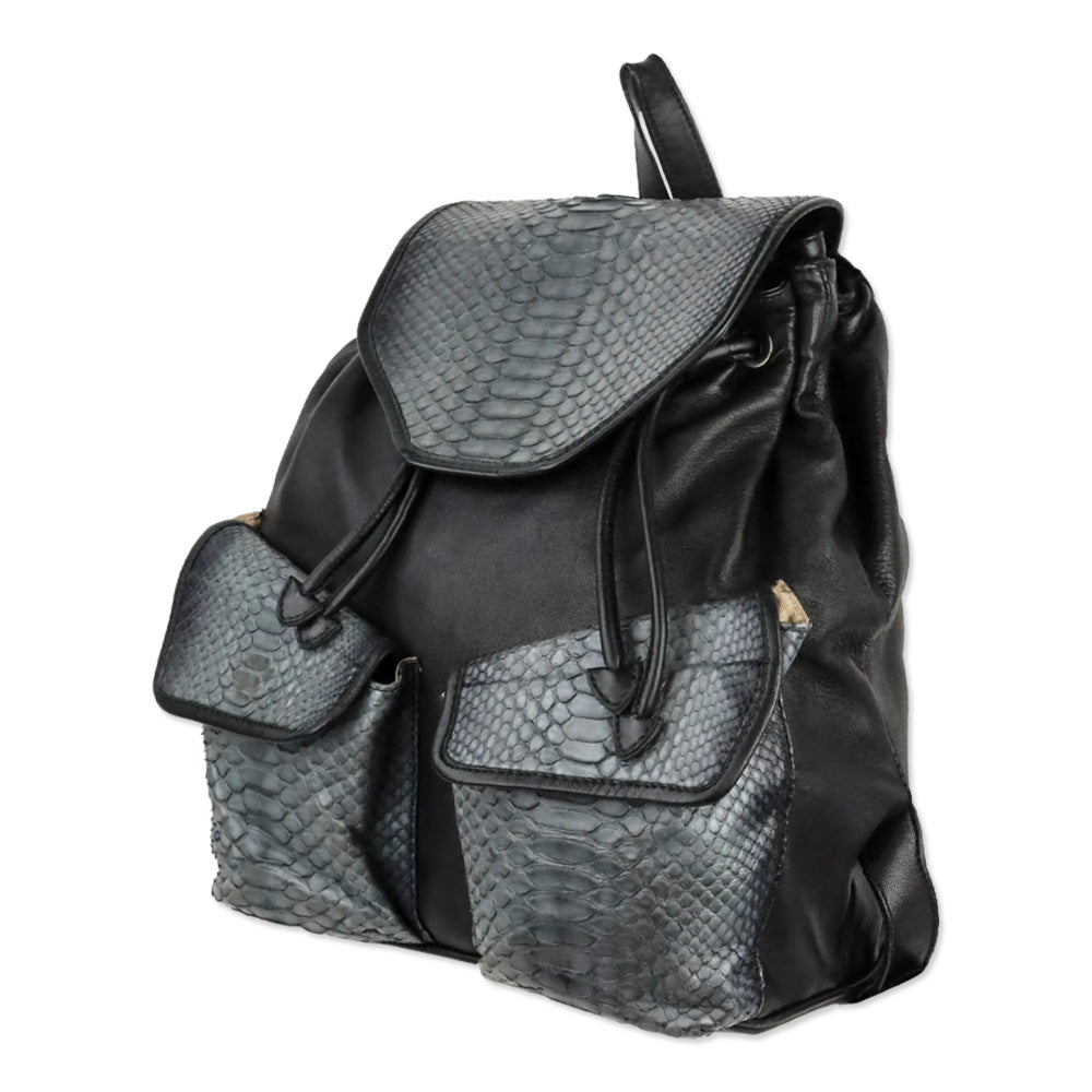 Tarryn Simone Black Smooth/Python Leather Drawstring Backpack