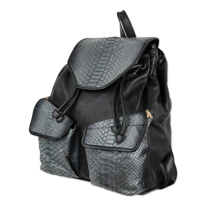 Tarryn Simone Black Smooth/Python Leather Drawstring Backpack