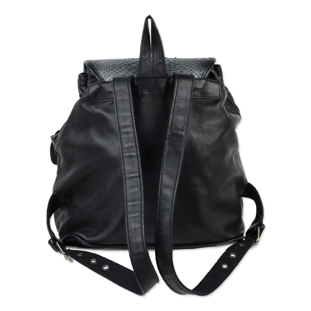 Tarryn Simone Black Smooth/Python Leather Drawstring Backpack